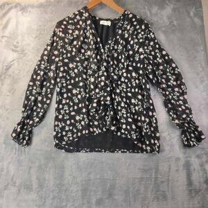 Böhme Womens‎ S Black Pink Floral Blouse Ruffle Front Long Sleeve Sheer Lined